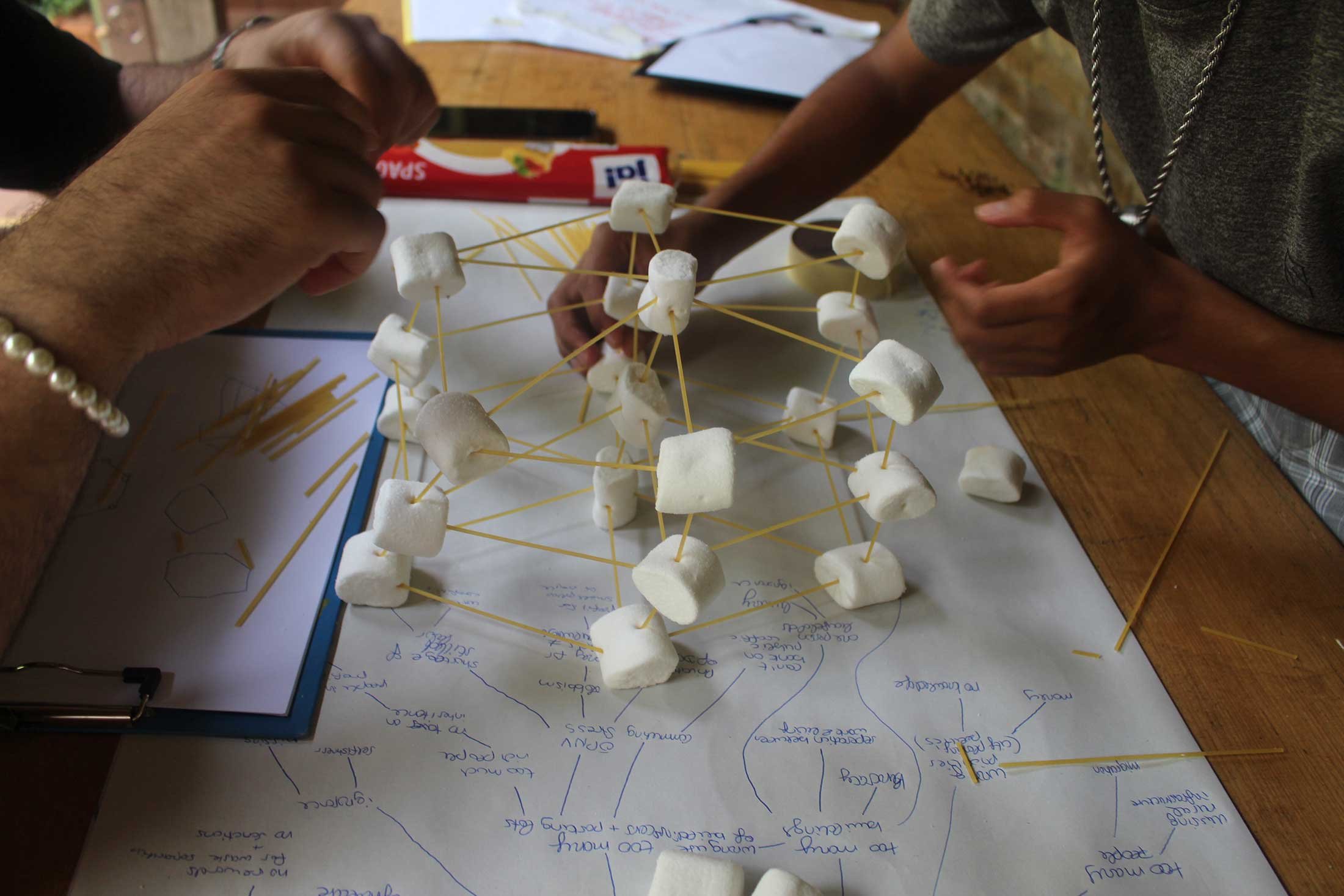 Two people building a 3D model of a structure using marshmallows and uncooked spaghetti on a table covered with a sheet of paper with handwritten notes and diagrams.