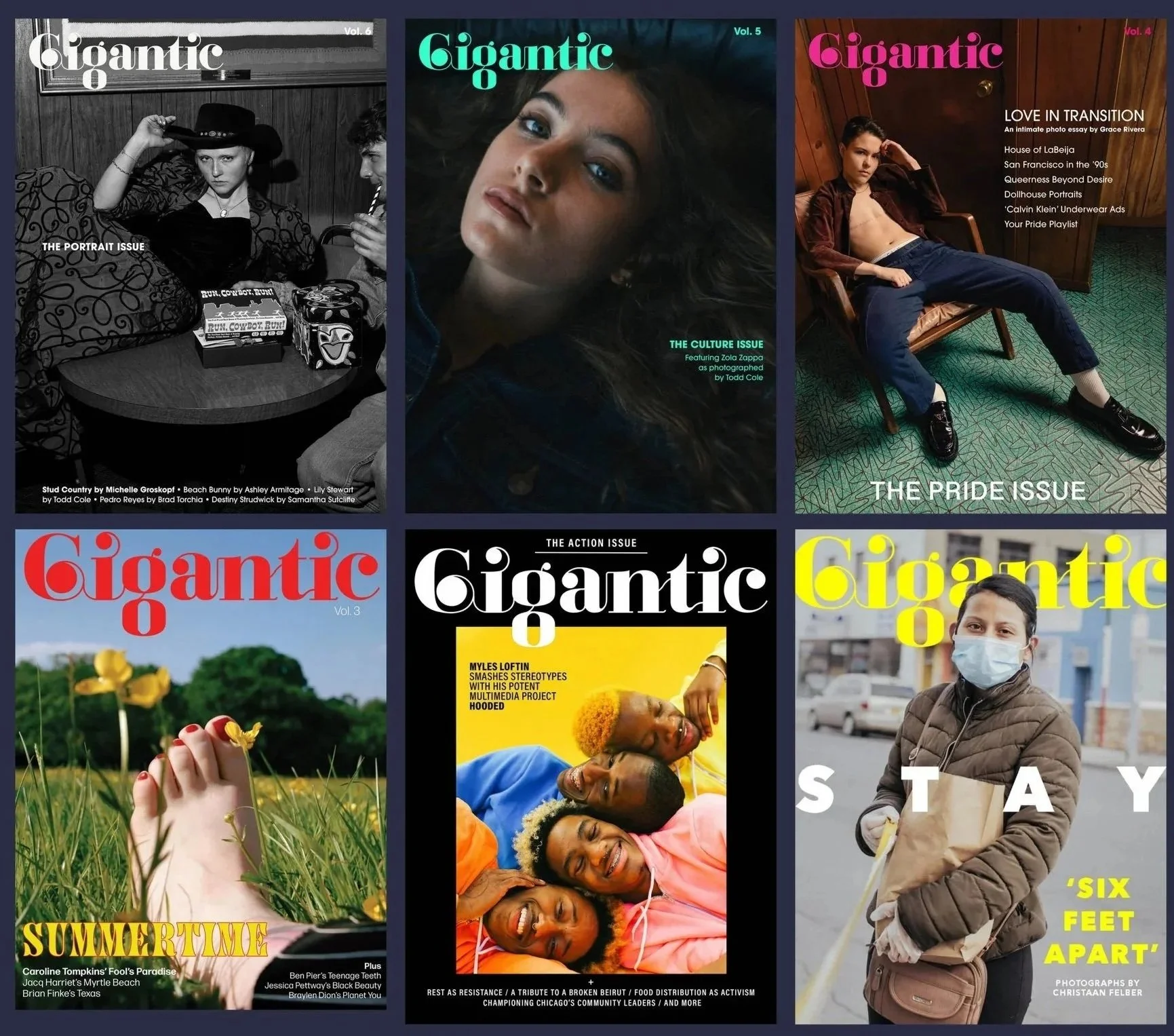 Gigantic magazine's six issues. The last four issues of the magazine were edited and designed by Kristina Feliciano.