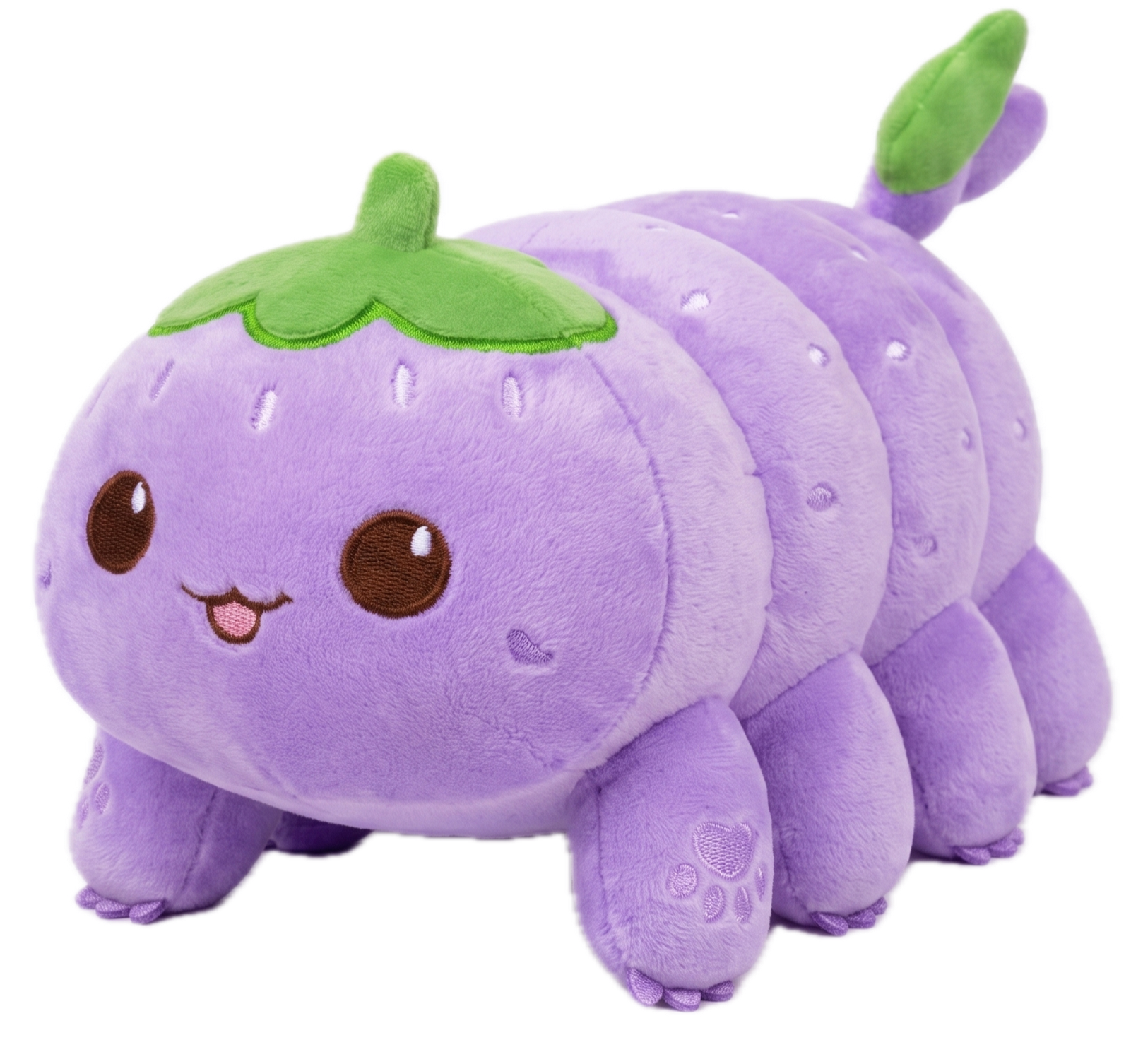 A plush toy of a tardigrade with a smiling face, large eyes, green leaf-like accents, and a segmented body with stitched patterns.