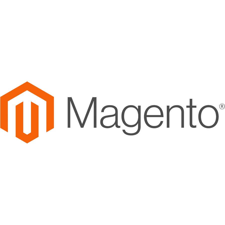 Magento logo with orange hexagon icon and black text on a transparent background.