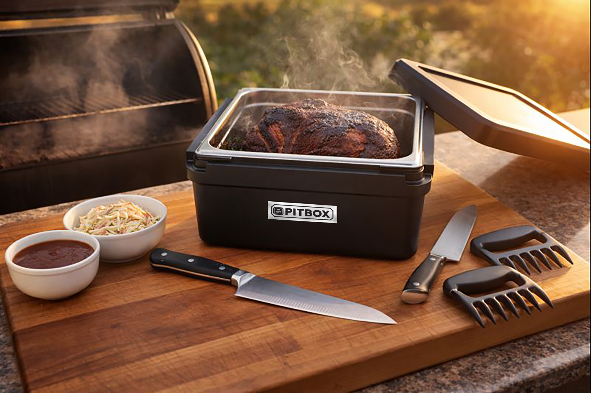 Smoked pork shoulder resting in a PITBOX insulated meat resting box on an outdoor kitchen counter with steam rising, cutting board, knife, sauce, and smoker.