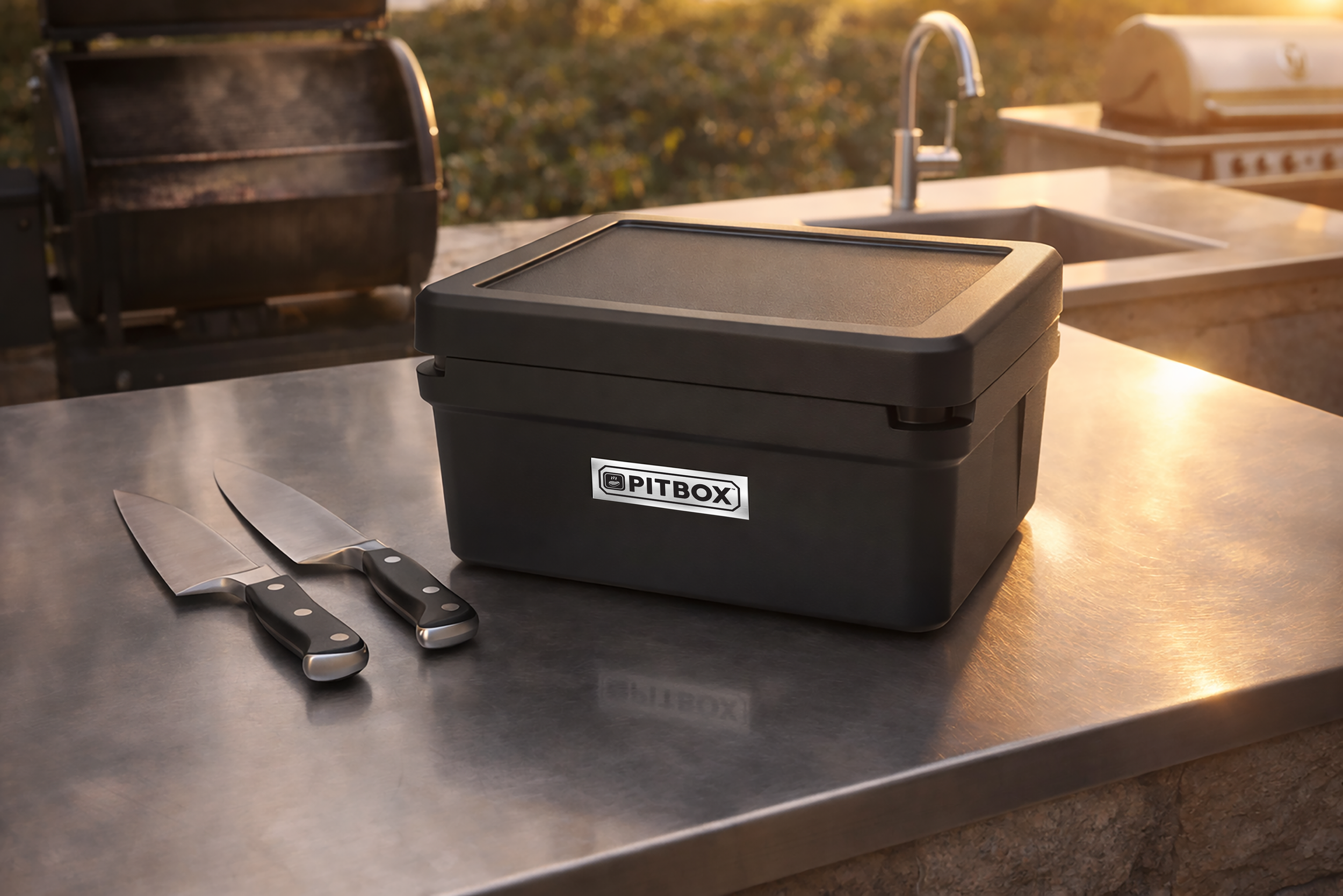 PITBOX insulated meat resting box on a stainless steel outdoor kitchen countertop with butcher knives, smoker grill, and sink during golden hour.