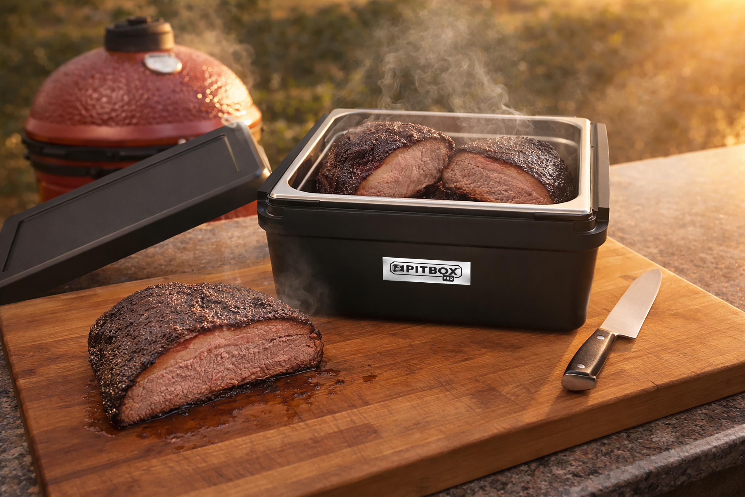 Smoked beef brisket cut in half resting inside a PITBOX PRO insulated meat resting box on an outdoor kitchen counter with steam rising at golden hour.