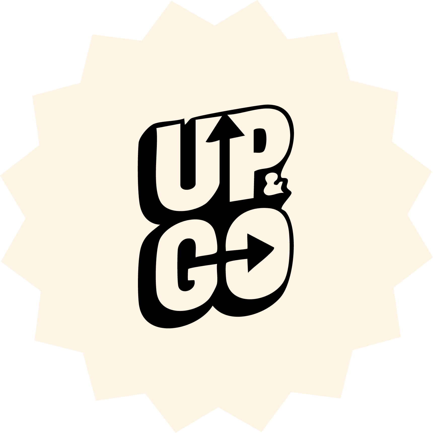 Graphic with the words 'Up 2 Go' in bold, stylized font, with an arrow pointing upward and an arrow pointing right, inside a spiked circular shape.