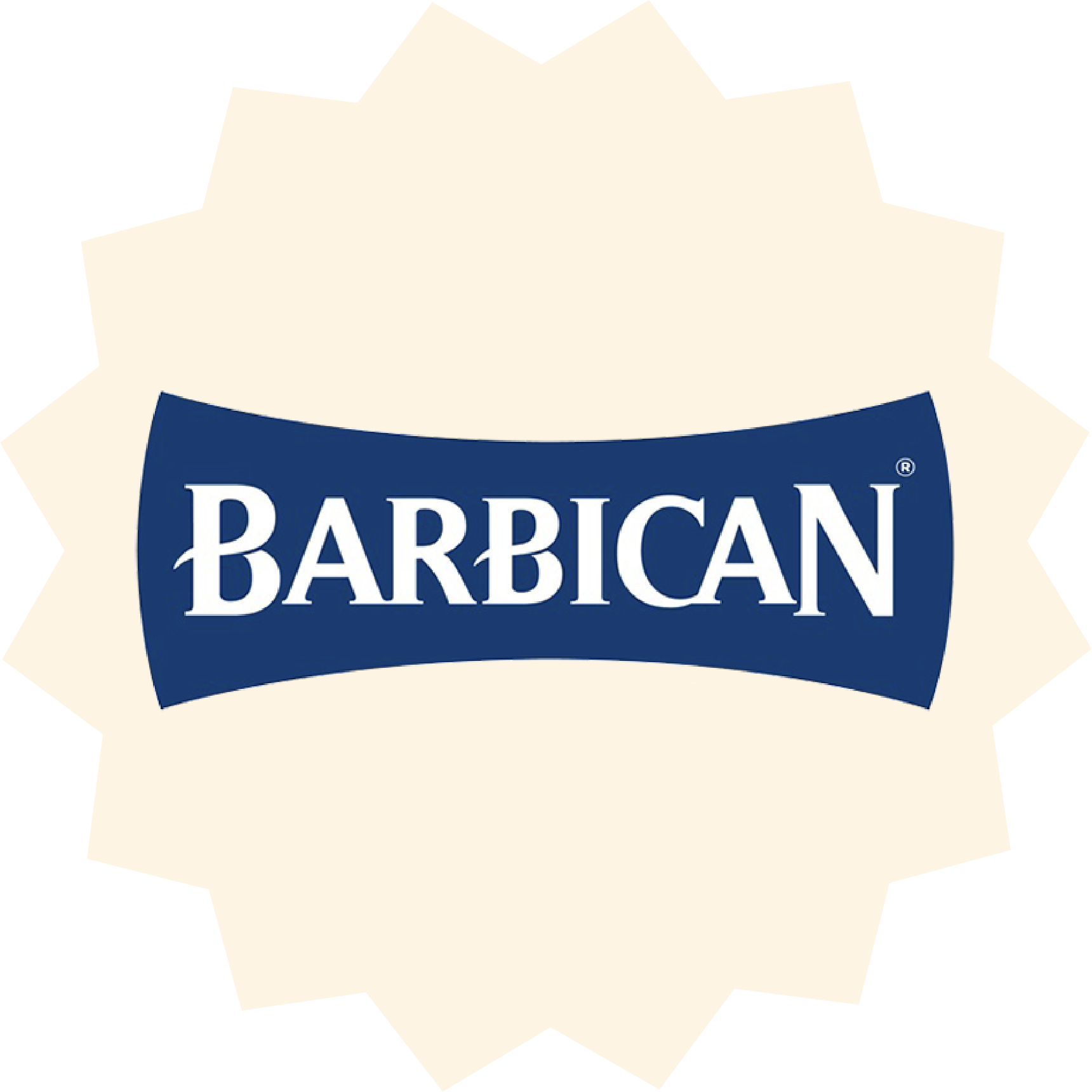 Barbican beverage brand logo on cream starburst background.