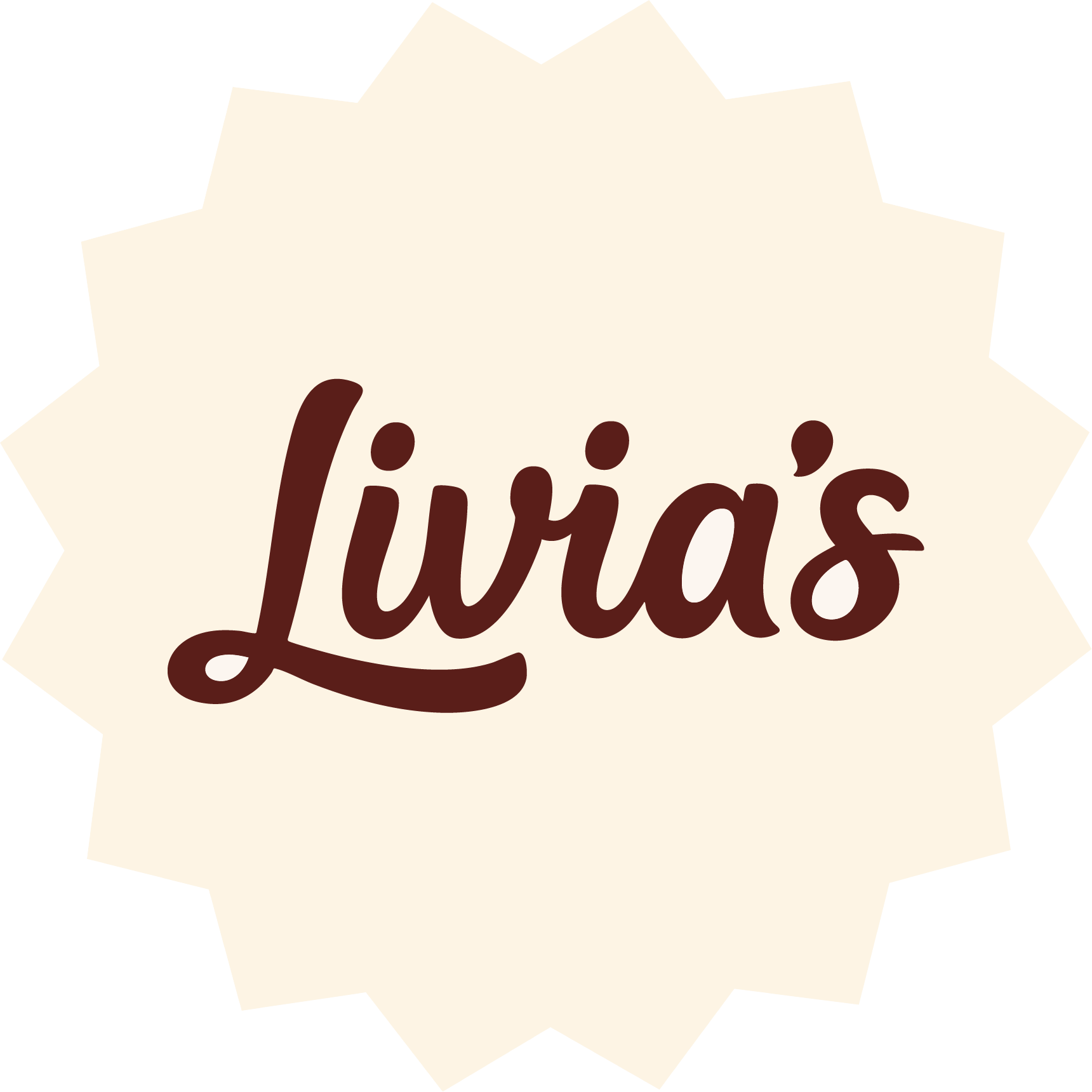 Livia’s logo – Script-style brown "Livia’s" text on a cream starburst background, representing the plant-based treats company.