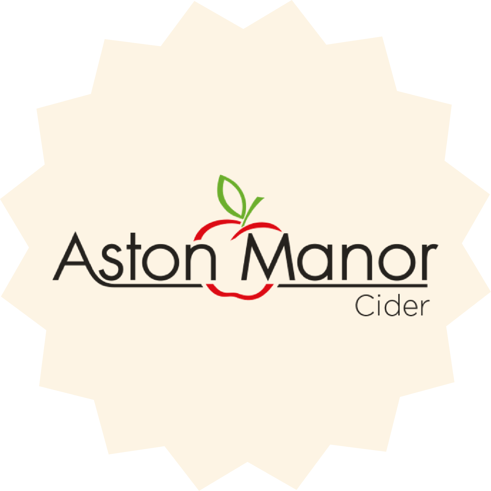 Logo for Aston Manor Cider featuring a stylized apple with a green leaf and red peel, with the brand name below.