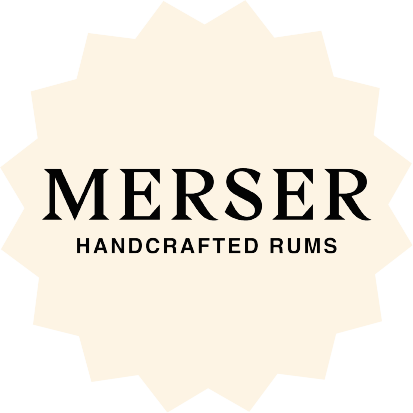 Merser Handcrafted Rums logo in classic serif font on cream starburst background – premium rum brand.