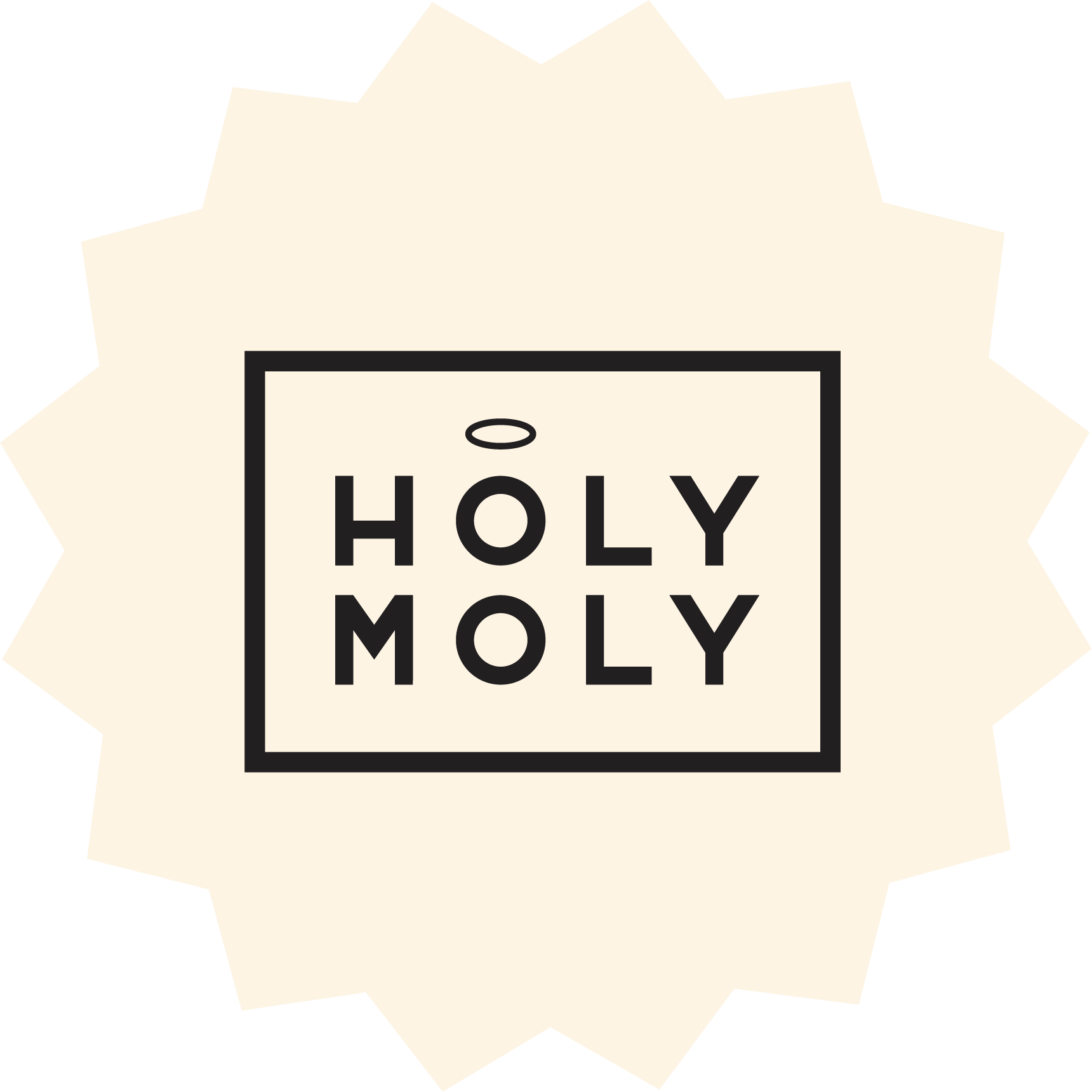 Graphic design with text 'Holy Moly' inside a rectangle, surrounded by a starburst shape with rounded edges.