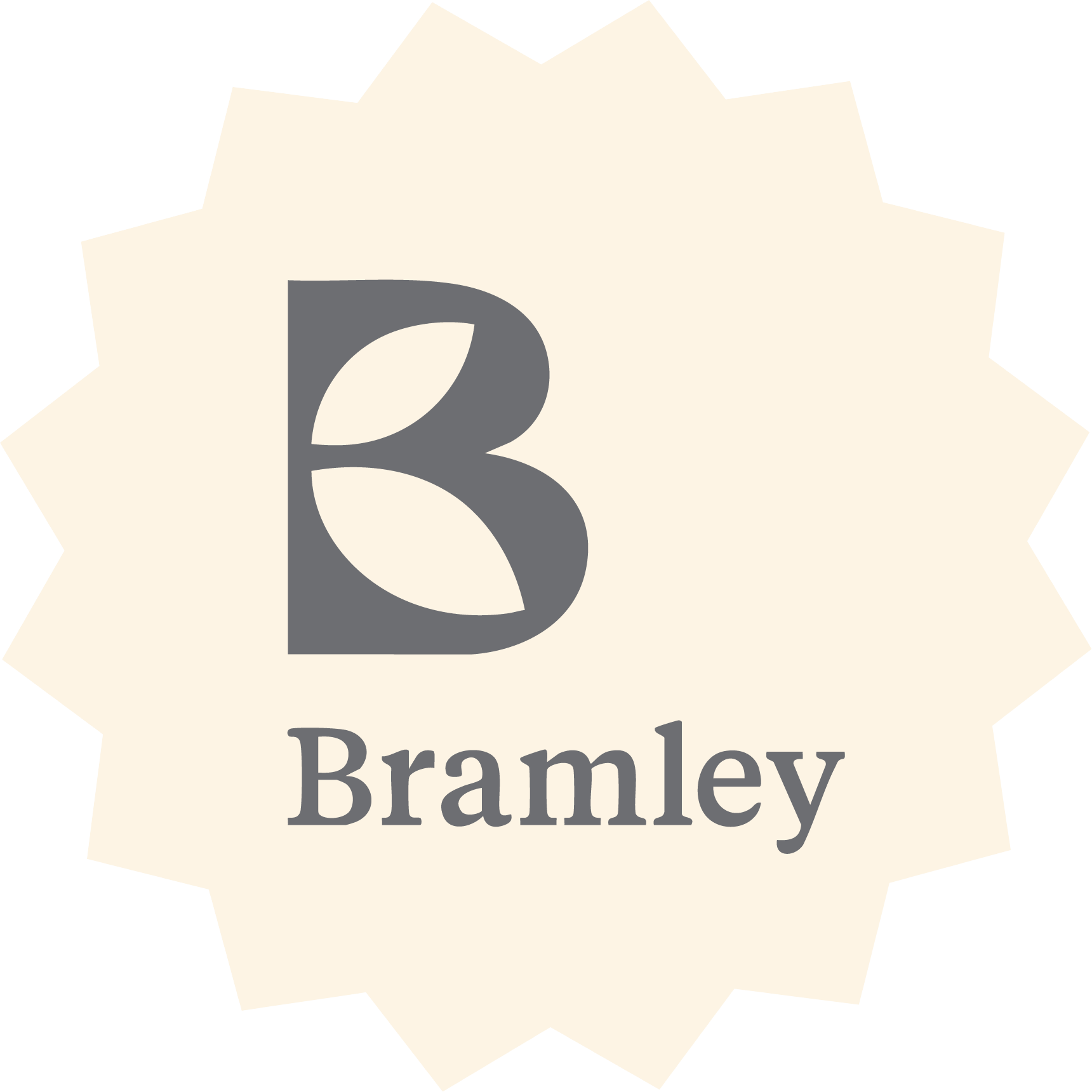 Logo with a large letter B and the word Bramley underneath, on a cream-colored starburst background.