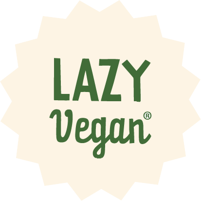 Lazy Vegan logo with green text on a beige starburst background.