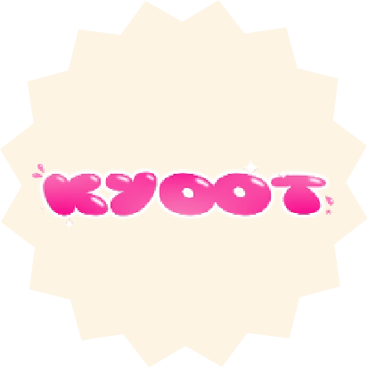 Kyoot brand logo in shiny pink bubble-style lettering on cream starburst background – confectionery or snack brand.