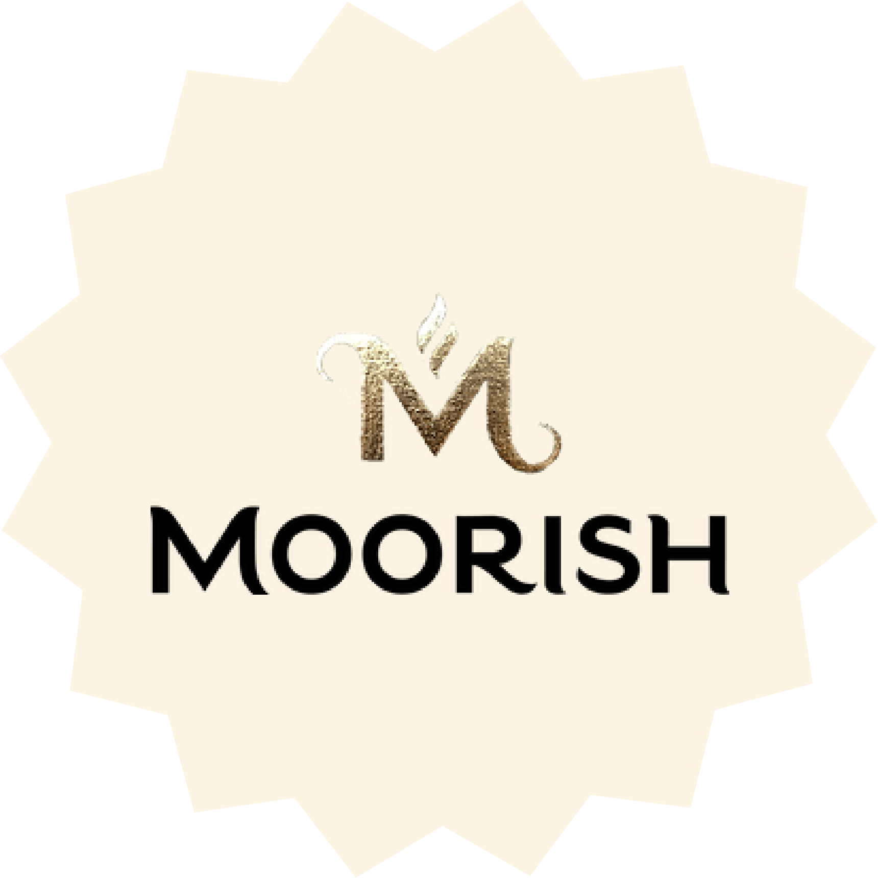 Moorish brand logo with gold textured 'M' and black text on cream starburst background – dip and snack brand