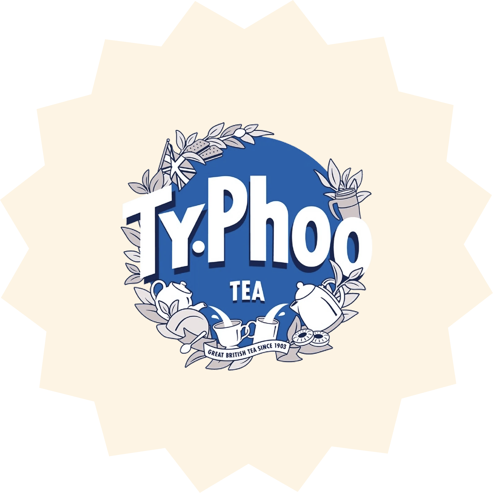 Typhoo Tea logo with blue circle and tea leaf illustrations, iconic British tea brand.