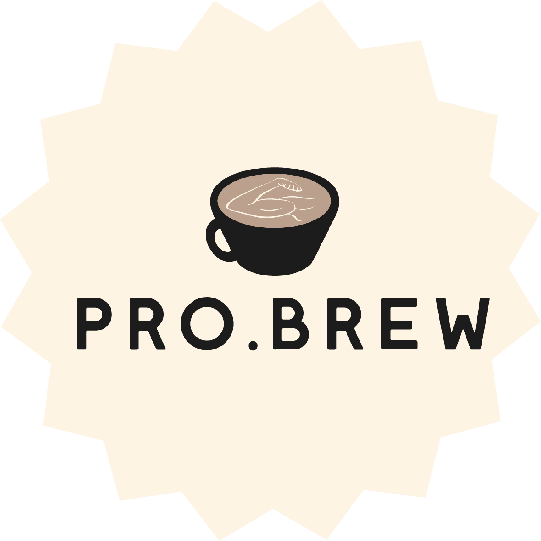Pro.Brew coffee company logo with cup illustration on cream starburst background.