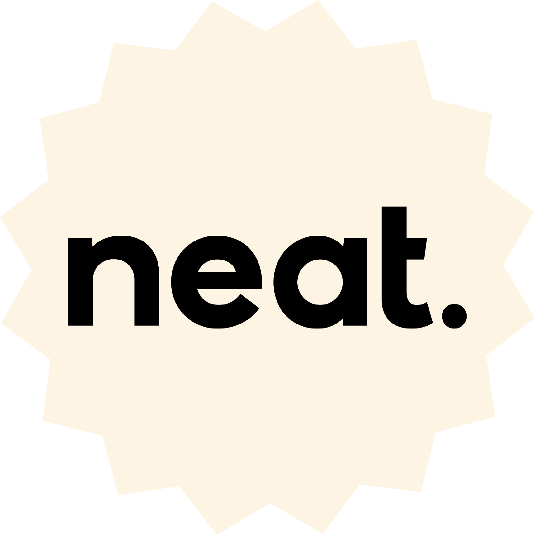 Neat. logo – Minimalist black "neat." wordmark on a cream starburst background, representing sustainable cleaning brand Neat.