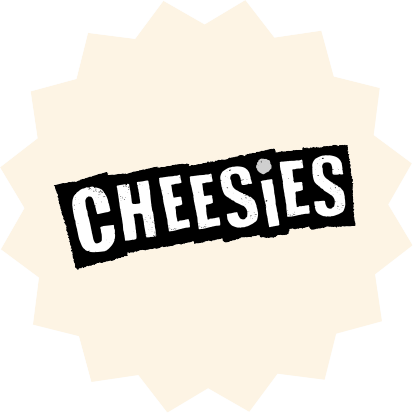 Cheesies snack brand logo in bold distressed black and white text on cream starburst background."