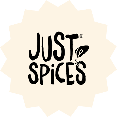 ust Spices logo in hand-drawn black font with small spice graphic on cream starburst background – spice mix brand