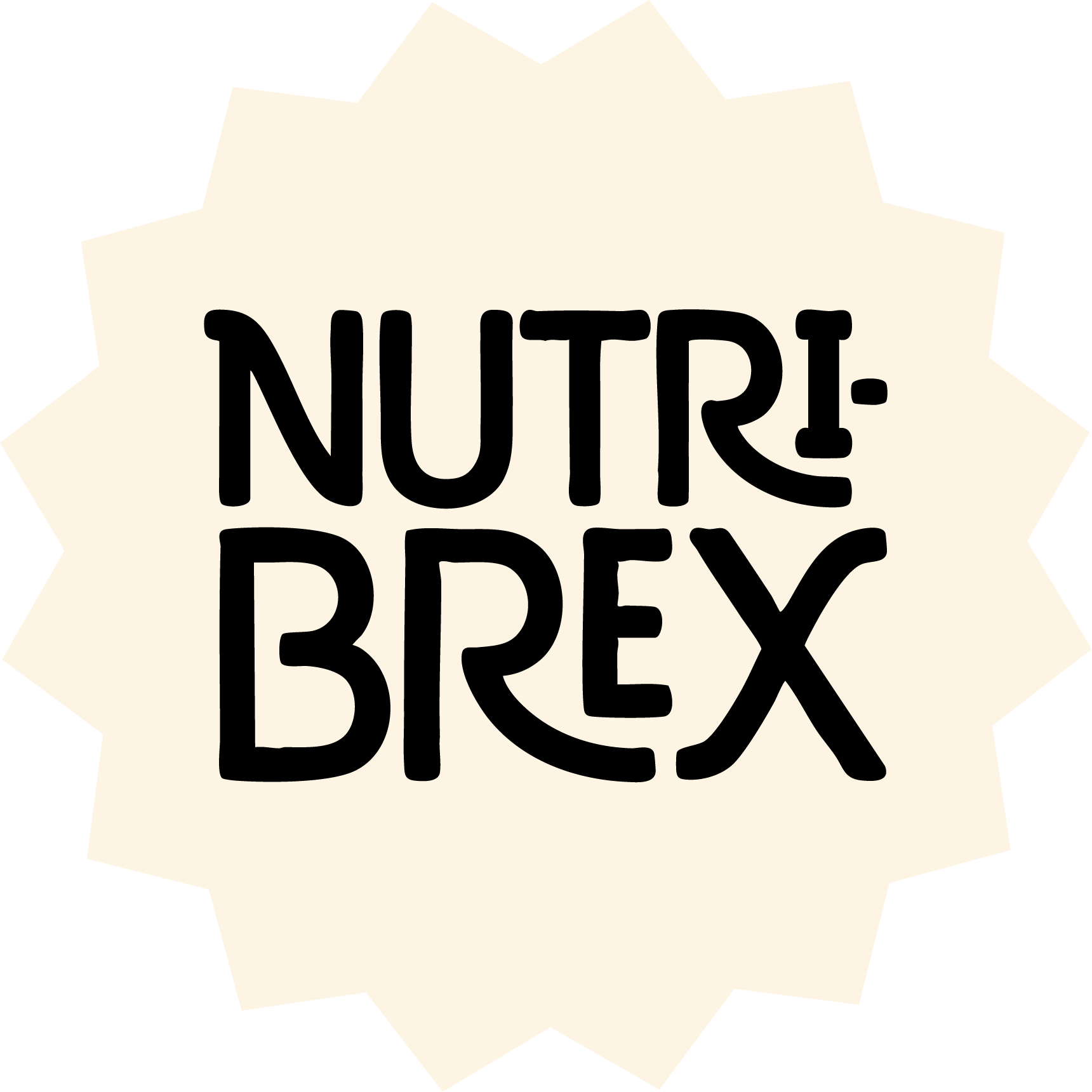 Text in a starburst shape that reads 'NUTRE-BREX' in bold black letters on a cream-colored background.