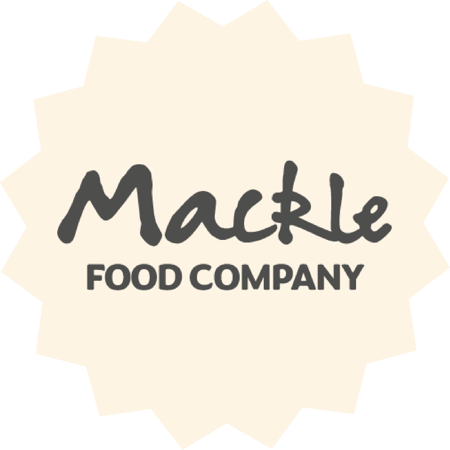 Mackle Food Company logo in handwritten font on cream starburst background – food manufacturing brand