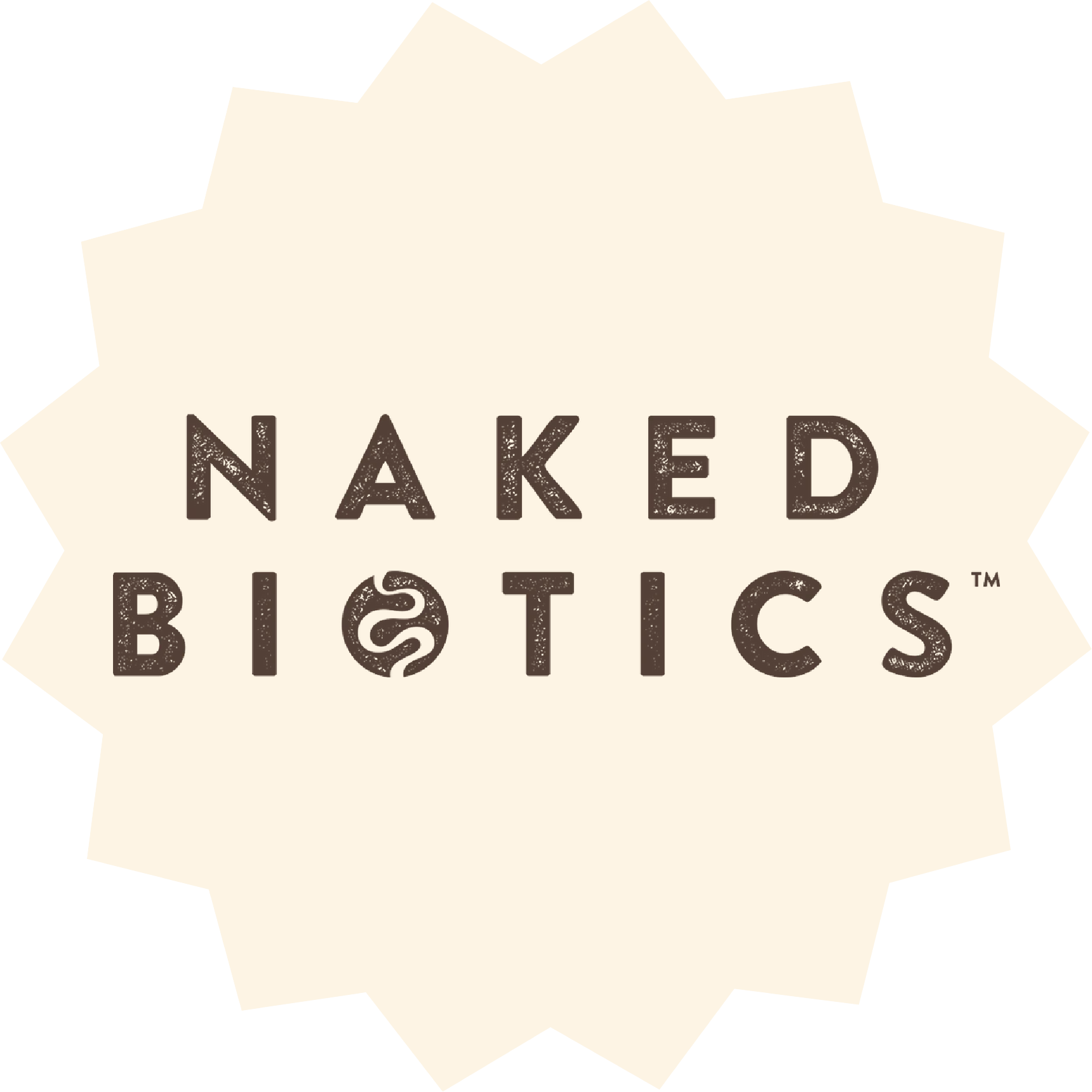 Naked Biotics logo with a beige starburst background and dark brown text featuring a snake inside the letter 'O' in 'Biotics'.