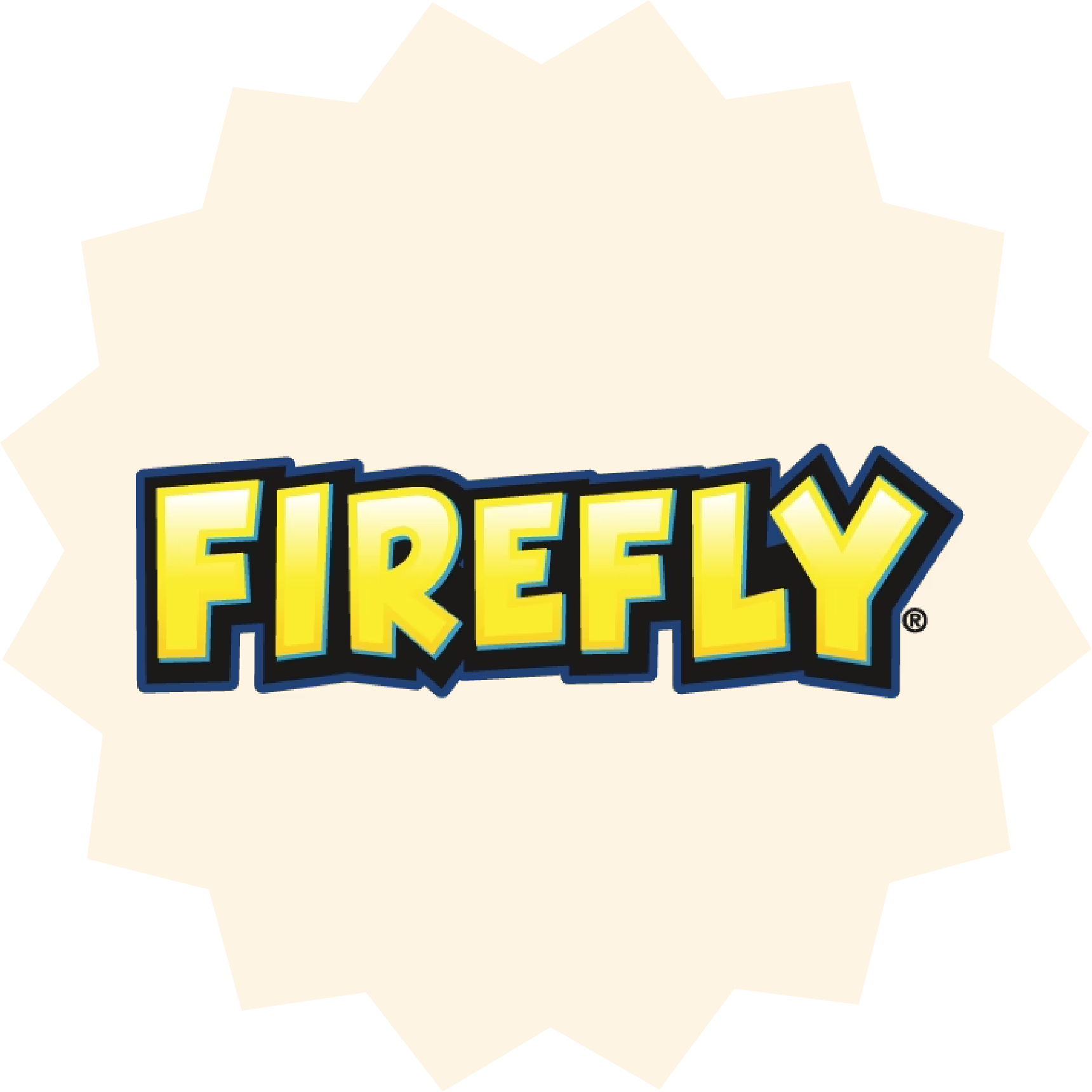 Firefly drinks brand logo in bold yellow on cream starburst background.