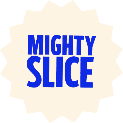 Mighty Slice logo with blue text on a white starburst background