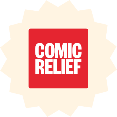 Comic Relief logo with a red square background and white text inside, surrounded by a beige starburst shape.