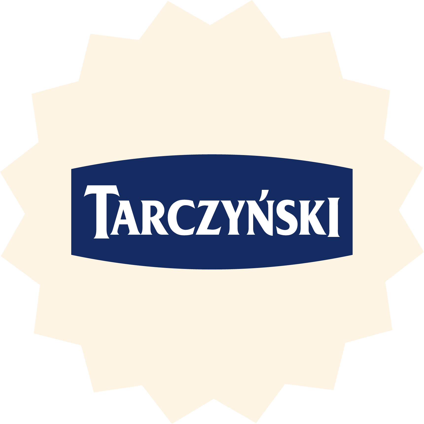 Tarczyński logo – Bold white "Tarczyński" text on a navy shield-shaped background, displayed on a cream starburst, symbolising the Polish meat snack brand.