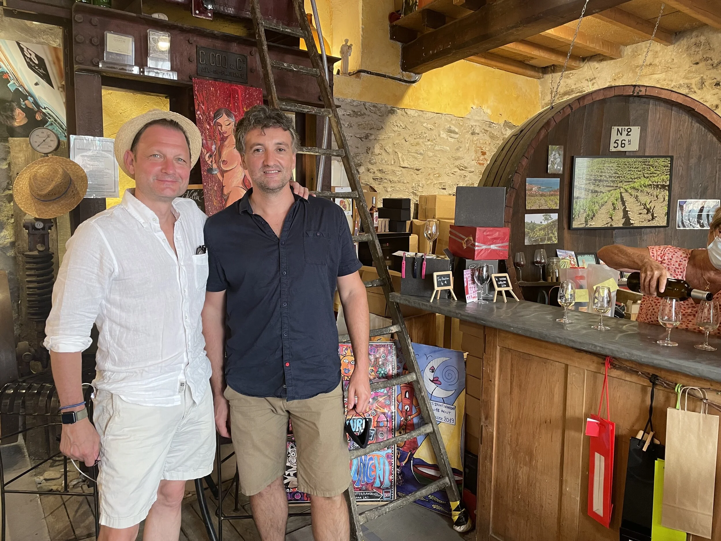 A burnt Bret and Jean-Francois at the fabulously and fiercely women-run Domaine Piétri Géraud.