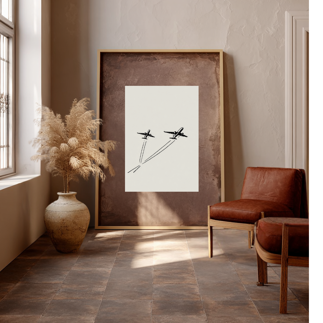 Interior room with a large window, a potted pampas grass plant, a modern art piece with airplanes in flight, and a brown leather chair.