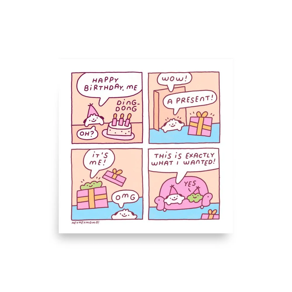 Wholesome heyheymomo comic. Forg gifts himself as a birthday gift. Momo loves it! Prints available