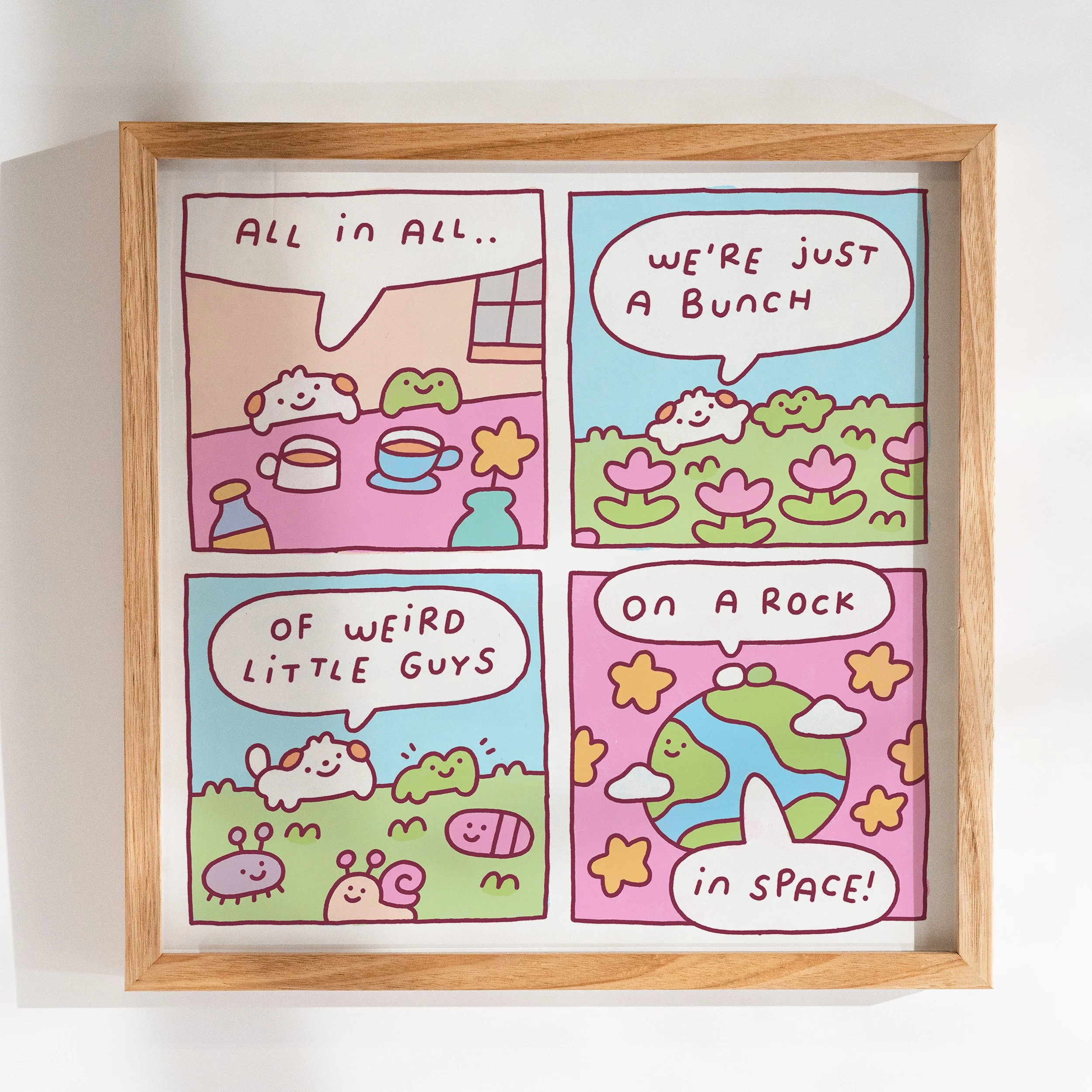 Wholesome heyheymomo comic. Momo and Forg realise they are just weird little guys on a rock in space. Prints available
