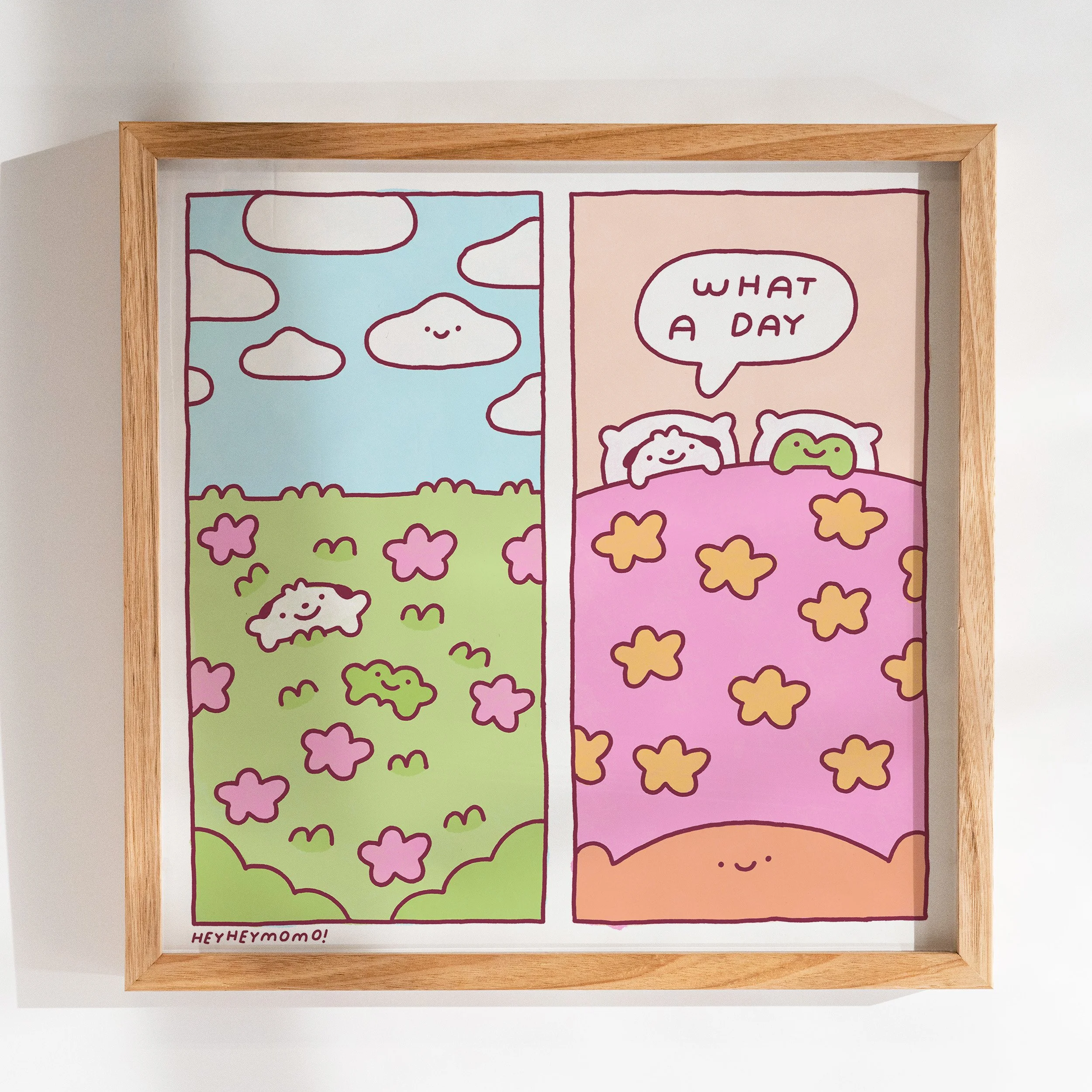 Wholesome heyheymomo comic. Momo and Forg spend a lovely day together. Back home in bed, Momo goes 'what a day'. Prints available