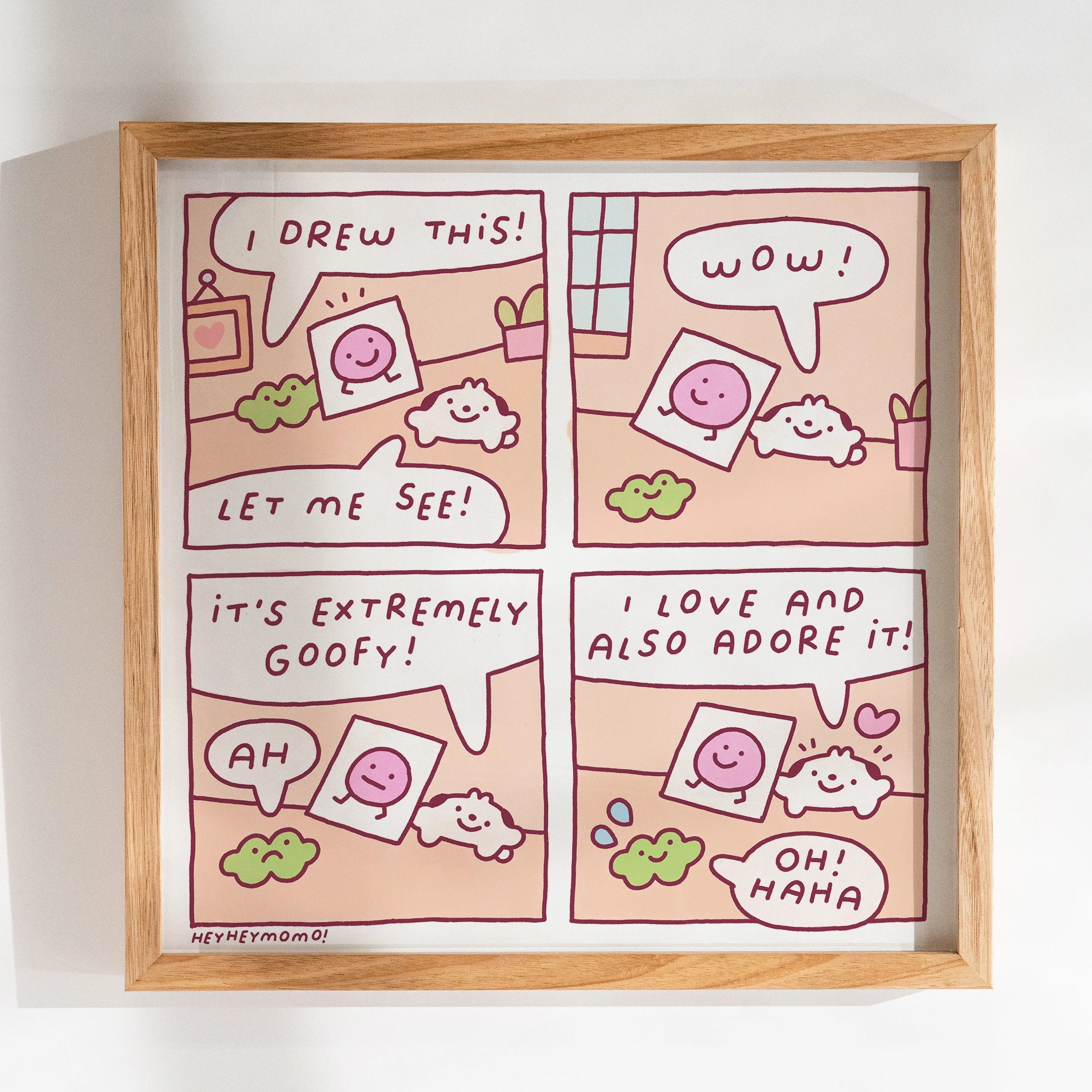 Wholesome heyheymomo comic. Forg shows off a drawing. Momo loves it! Prints available