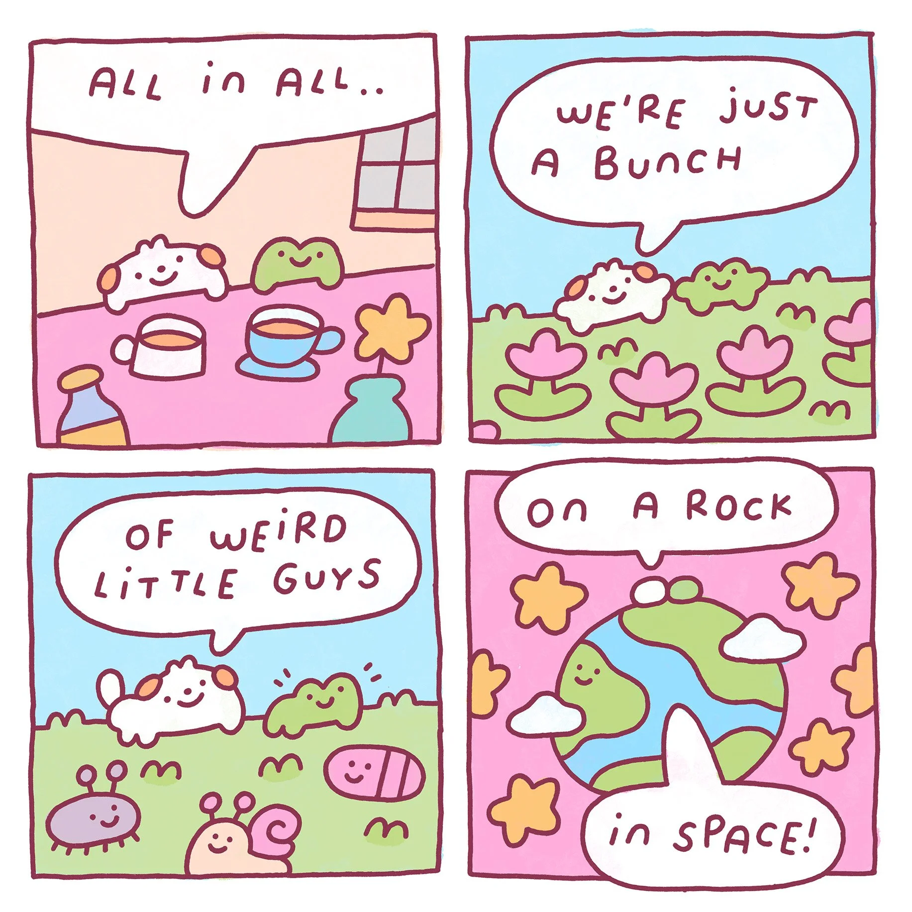 Wholesome heyheymomo comic. Momo and Forg realise they are just weird little guys on a rock in space. Prints available