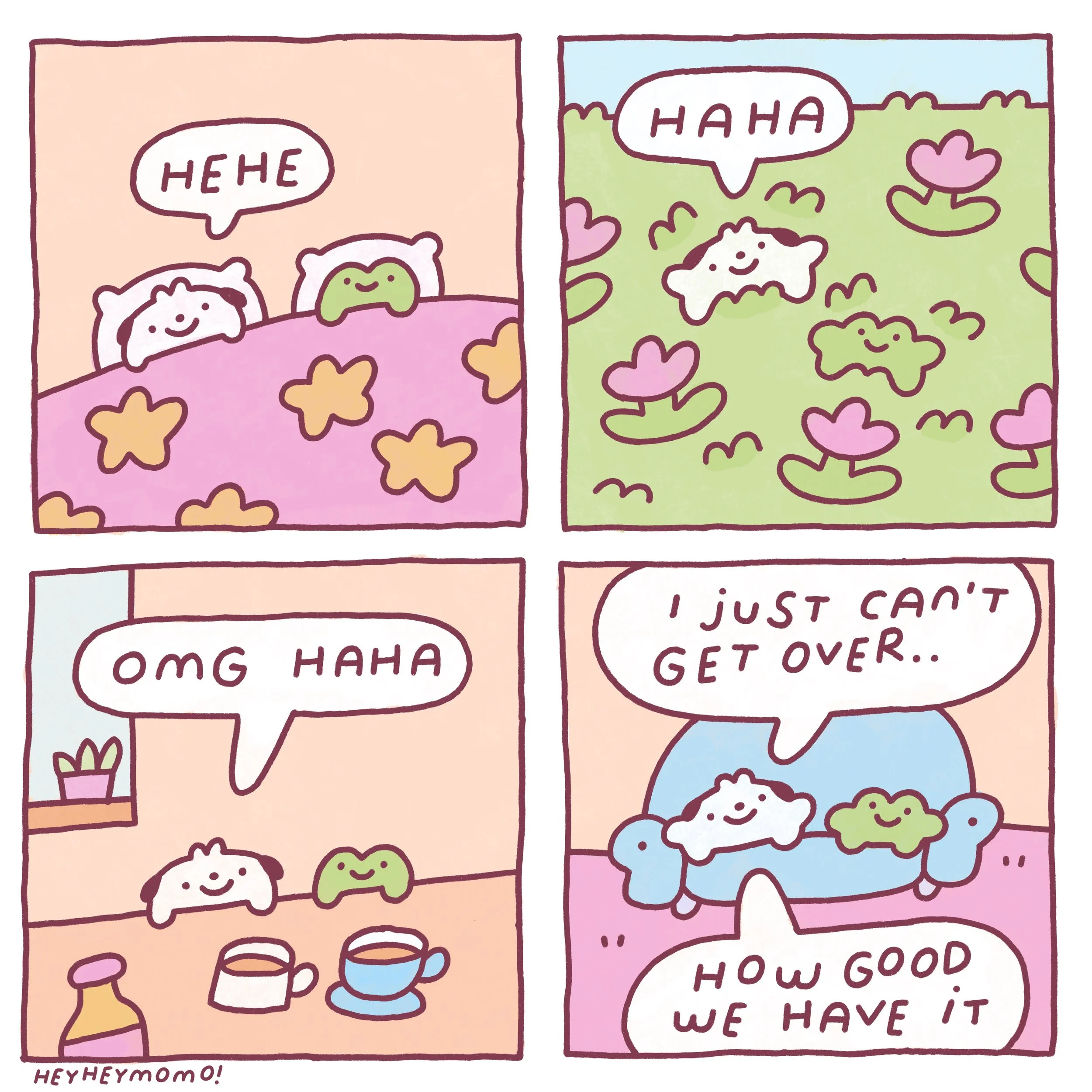 Wholesome heyheymomo comic. Momo and Forg spend a wonderful day together. Momo can not get over how good they have it together. Prints available