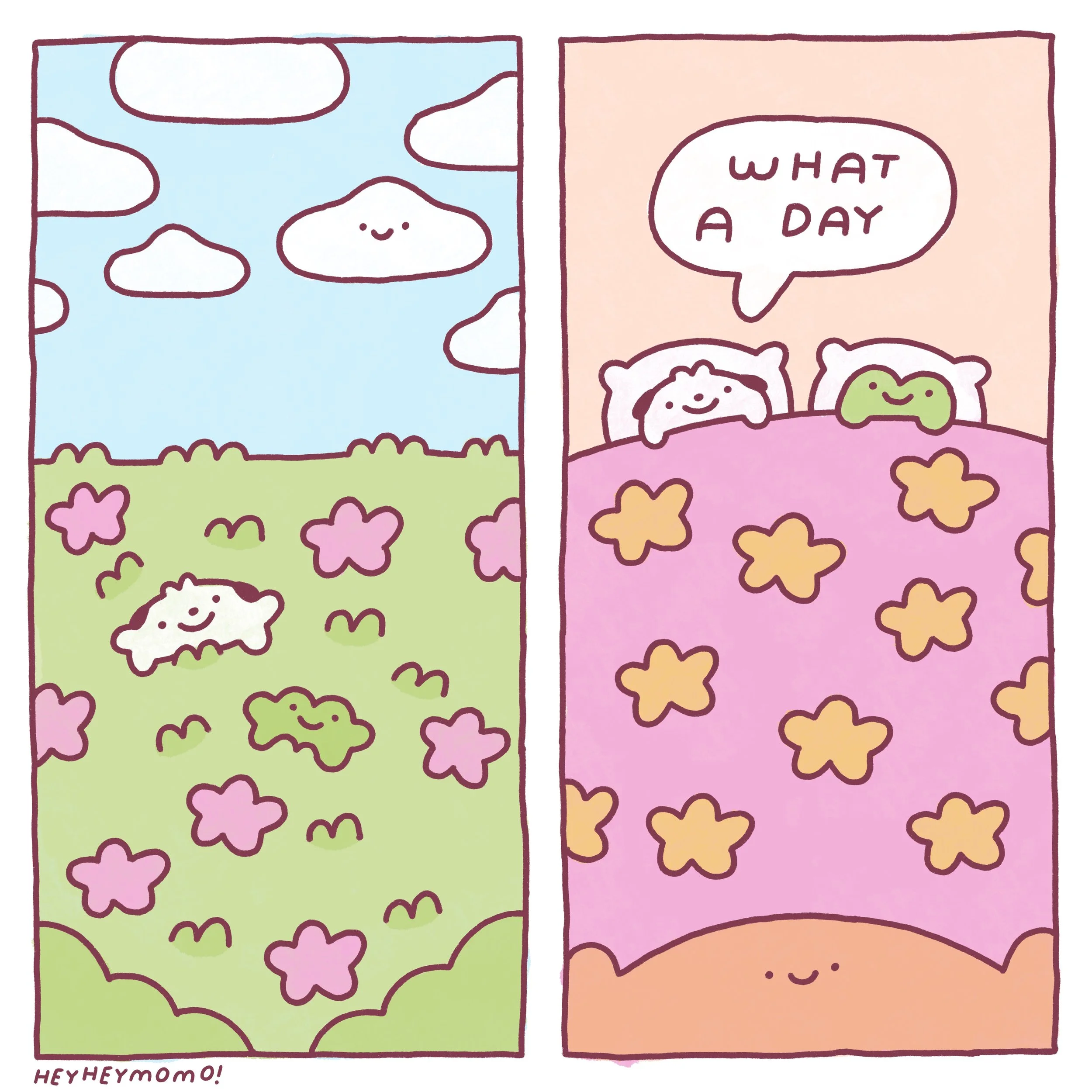Wholesome heyheymomo comic. Momo and Forg spend a lovely day together. Back home in bed, Momo goes 'what a day'. Prints available