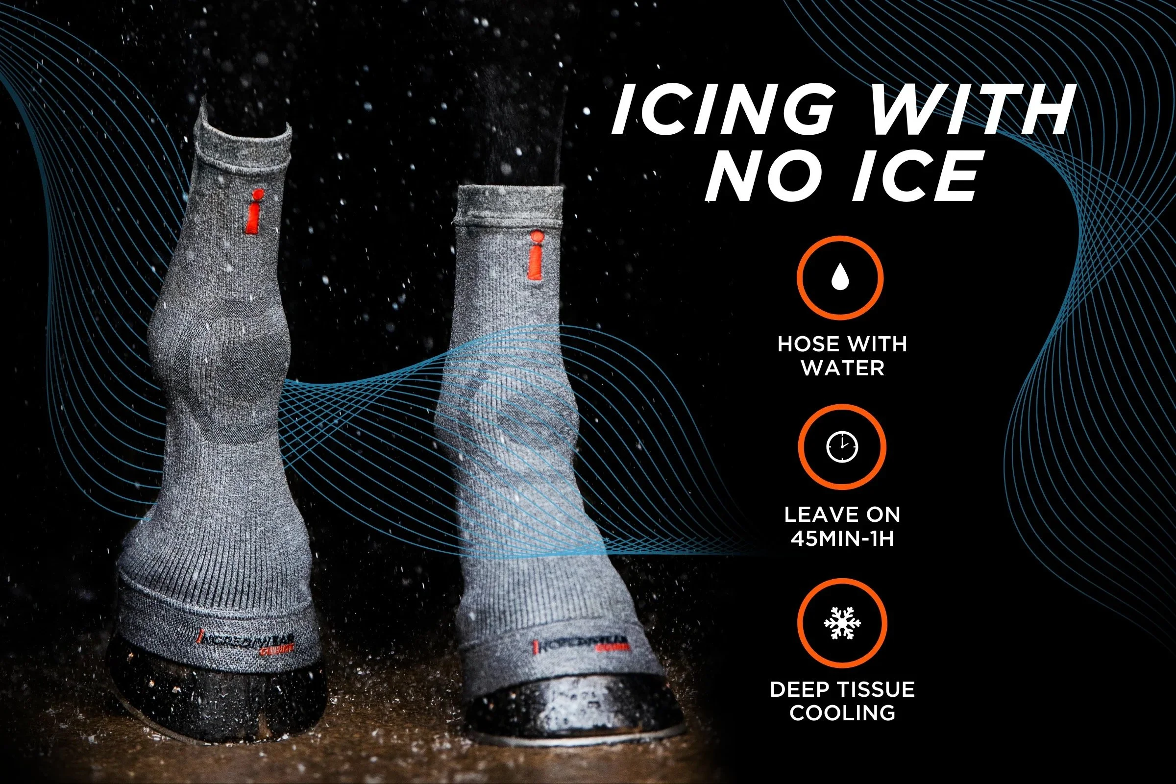 Close-up of a horses feet wearing grey Incrediwear circulation hoof socks, standing in water on a wet surface, with a background showing a graphic overlay with instructions for ice with no ice, water hose, deep tissue cooling, and snowflake icons.