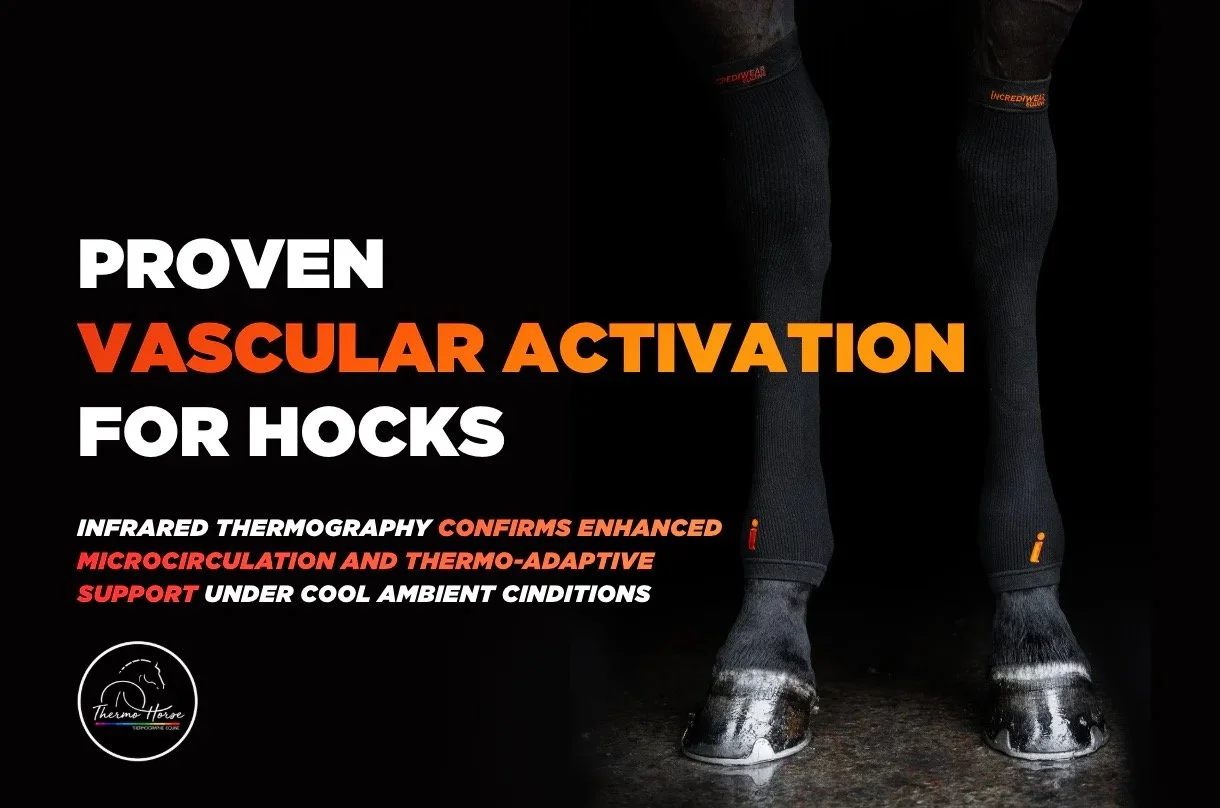 Incrediwear equine benefits -vascular activation for hocks, mentioning infrared thermography, microcirculation, thermo-adaptive support, and cool ambient conditions, with a close-up of a person's legs and feet wearing black socks and cycling shoes.