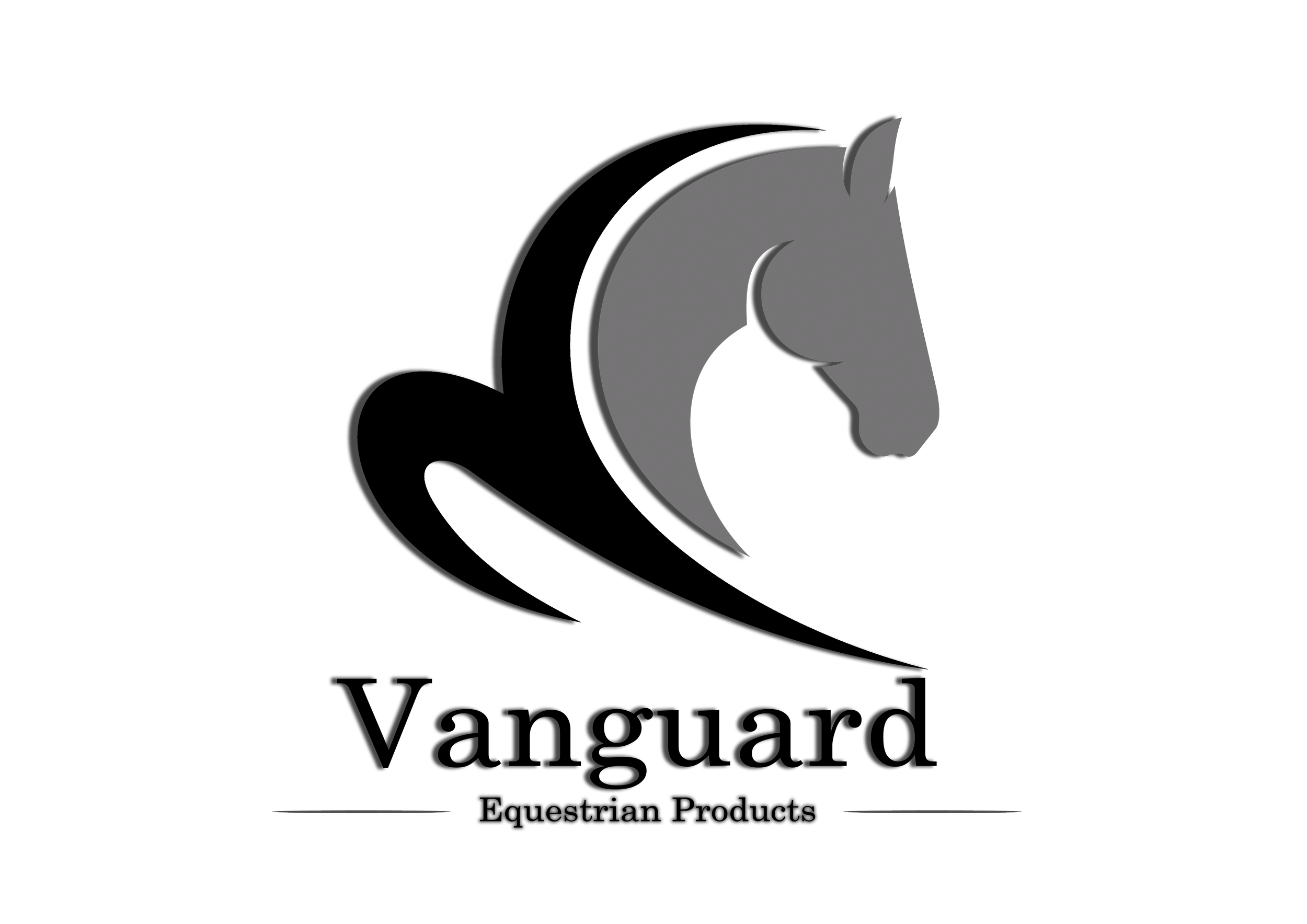 The Vanguard Equestrian Products Ltd logo - A stylized gray horse head logo with a black background.