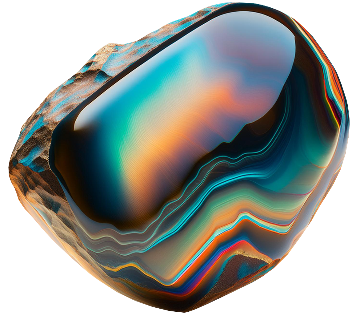 Ein abstrakter, bunter Edelstein mit schillernden Farben und komplexen Mustern.