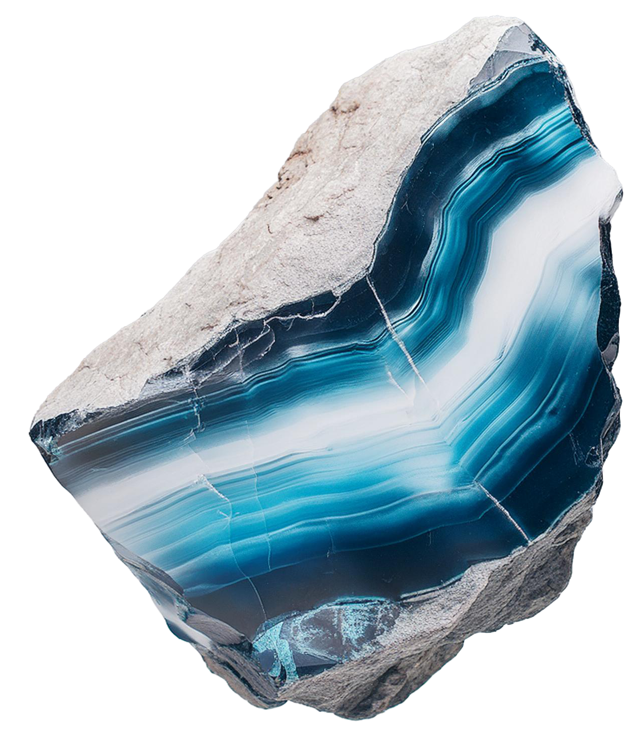 Ein roher, unregelmäßig geformter Achat-Stein mit blauen, weißen und schwarzen Schichten, teilweise durchbrochen und mit einer rauen, grauen Außenseite.