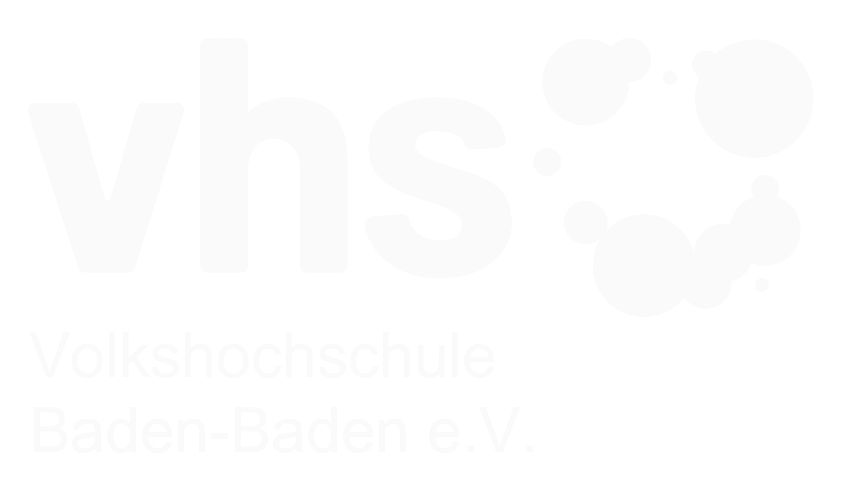 Logo der Volkshochschule Baden-Baden mit weißen Buchstaben und Sprechblasen-Design auf schwarzem Hintergrund.