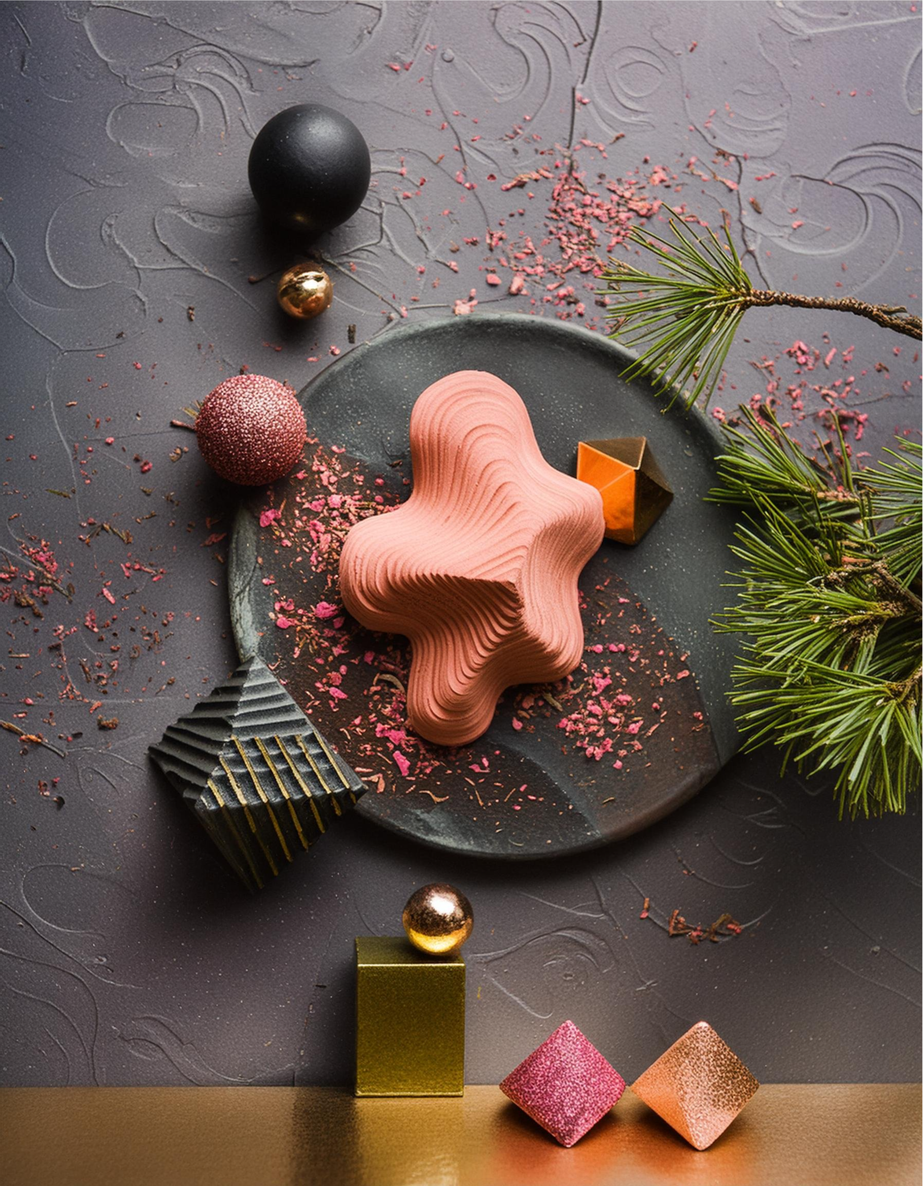 Kunstvolle Anordnung aus dekorativen Gegenständen und Weihnachtsdekorationen, darunter eine schwarze Platte mit rosa Keramikskulptur, schwarze, goldene und rosa Kugeln, geometrische Formen und Tannenzweige auf einem grauen Hintergrund.