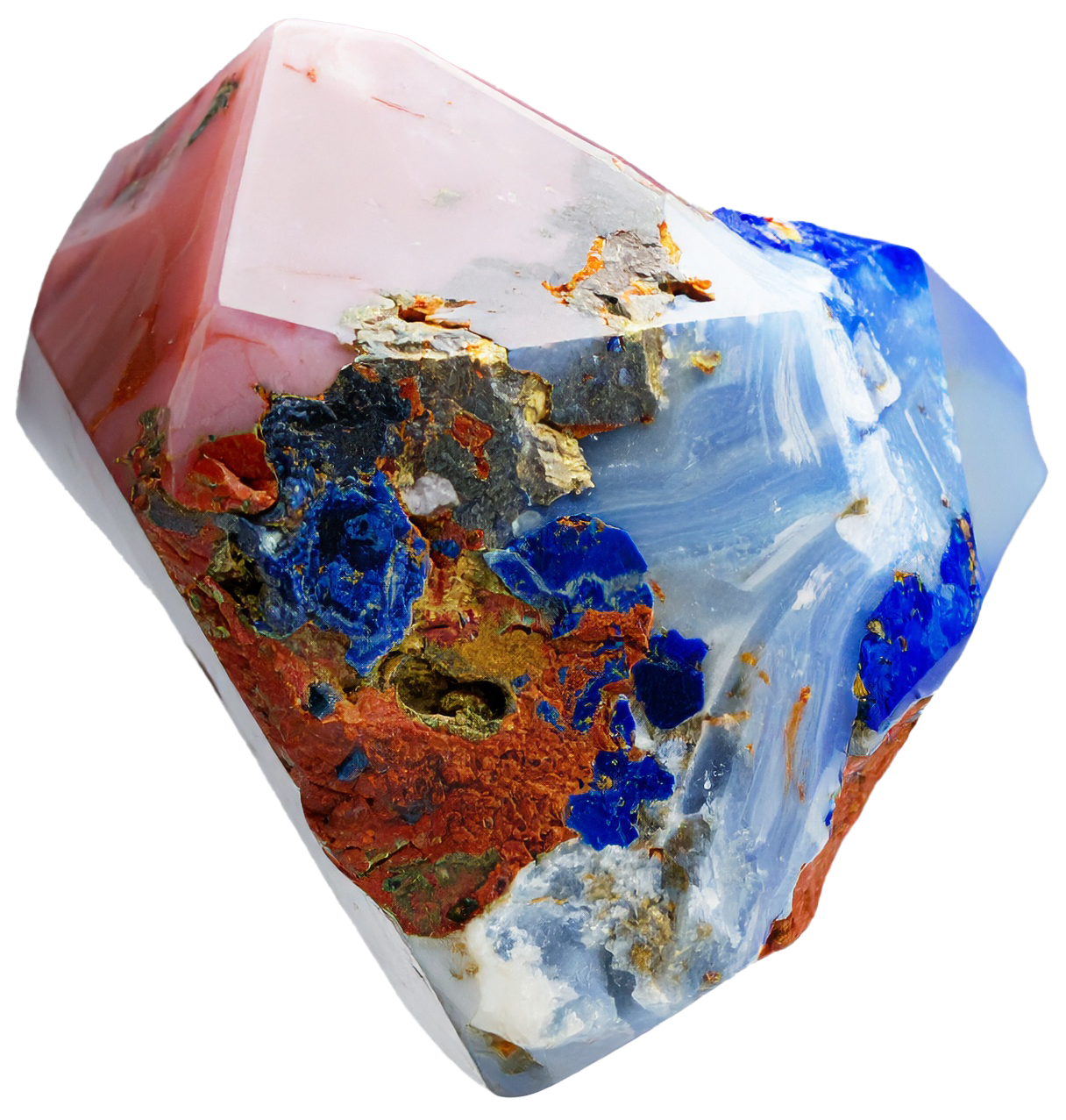 Ein bunter, marmorierter Edelstein mit rosa, blau, weißen und braunen Bereichen und metallischen Einschlüssen.