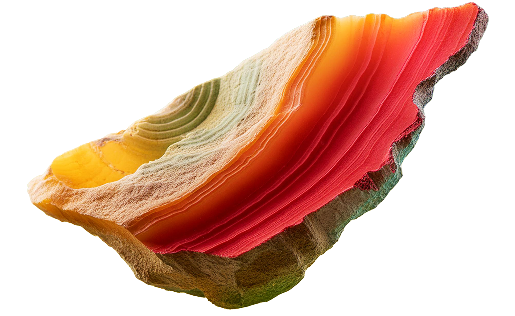 Gefärbte Querschnittsaufnahme eines Muschelschalenkerns, zeigt die verschiedenen Schichten in unterschiedlichen Farben.