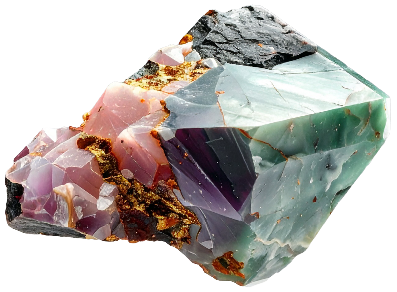 Ein bunter, roher Edelstein mit verschiedenen Farbflächen und Texturen, hauptsächlich in Pink, Grau, Schwarz, Grün und lila.