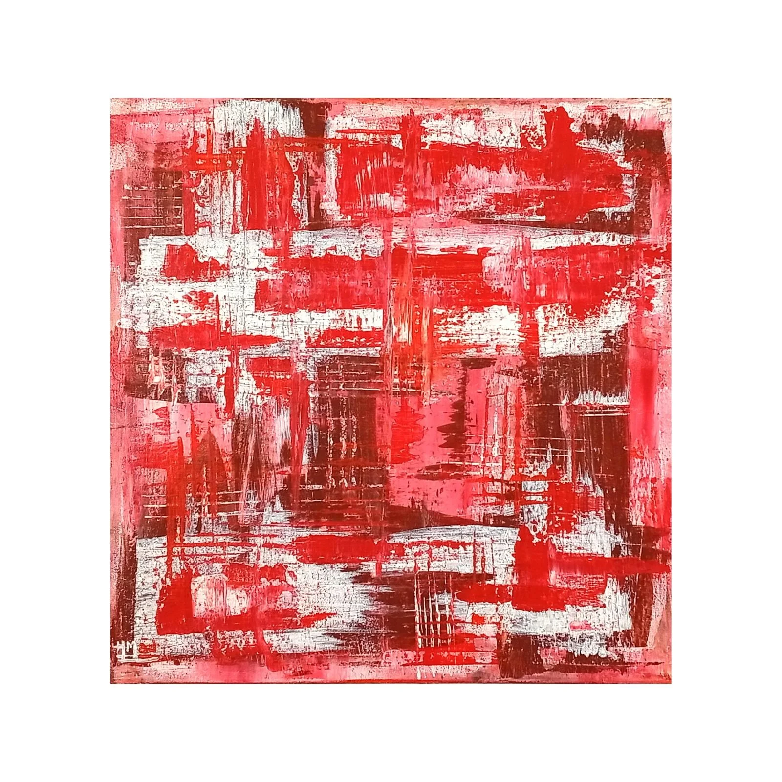 “Red Levels” painting in professional acrylic on premium cotton canvas, wooden frame, red and white tones, 50×50×1 cm, July 2020, HMad Artworks.