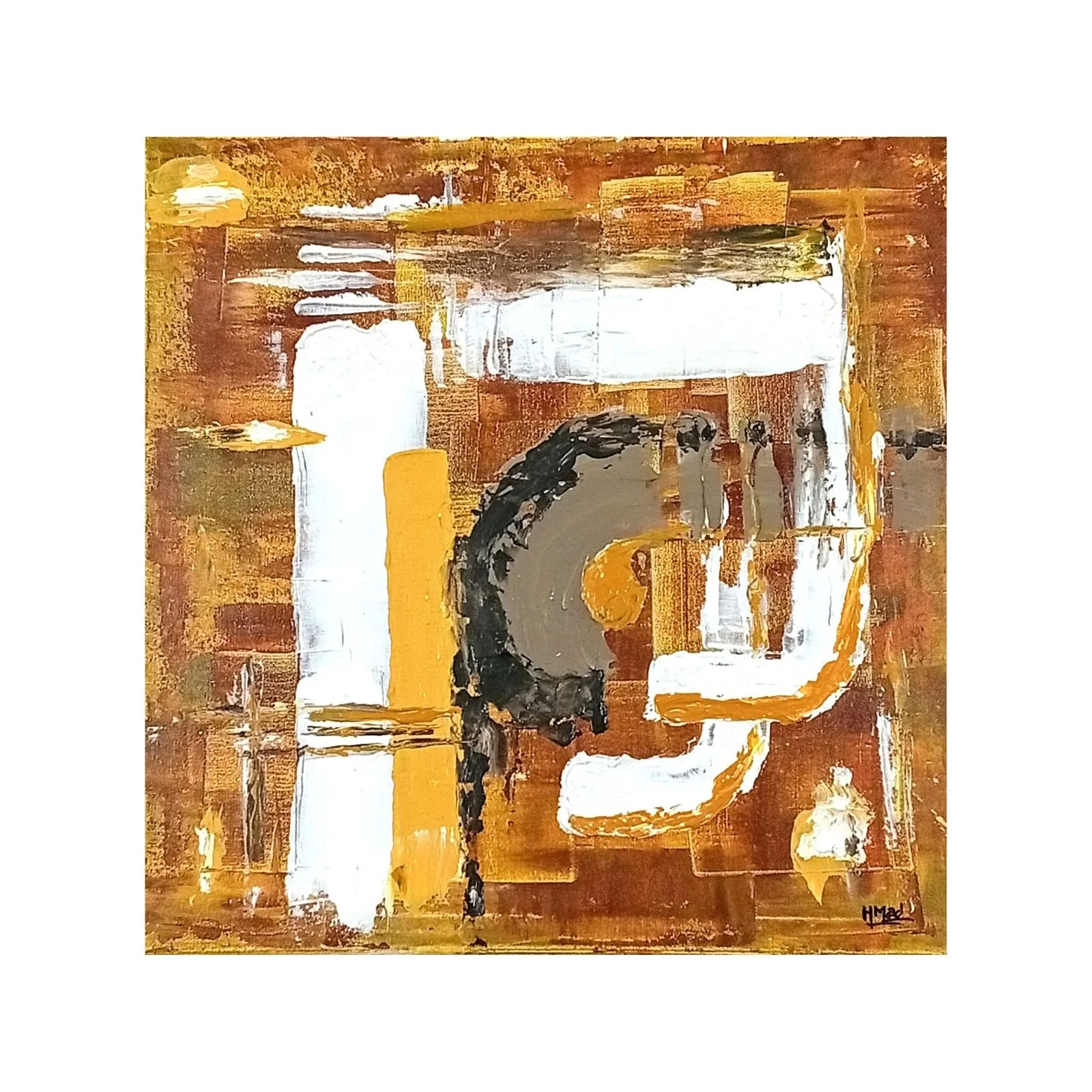 Pintura “Chocolate, Caramel & Toffee” em acrílico sobre tela, pintada à espátula, tons quentes de castanho, dourado e creme, 50×50×1 cm, março de 2022, HMad Artworks.